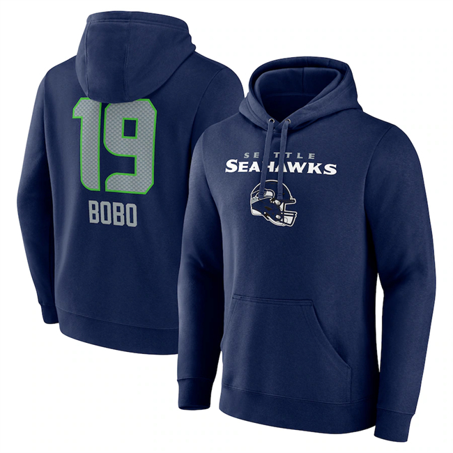 Men's Seattle Seahawks #19 Jake Bobo Navy Team Wordmark Player Name & Number Pullover Hoodie - Click Image to Close